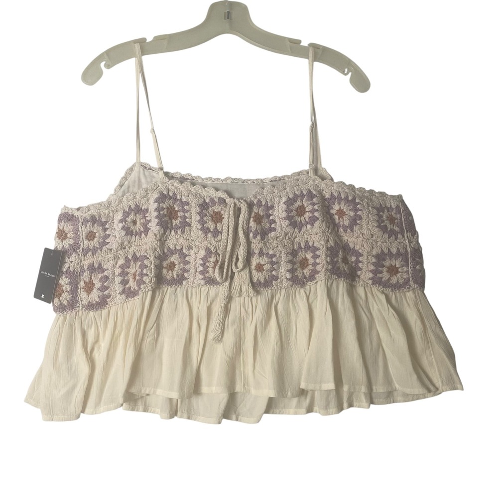 Lucky Brand Boho Crochet Floral Granny Square Cami Top XL Tassel Ruffle‎